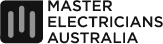 Master Electricians Australia logo featuring three vertical lines and text in black and gray.