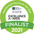 Master Electrician of the Year Finalist badge from Master Electricians Australia State Excellence Awards.